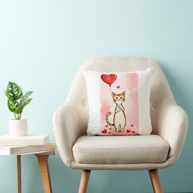 Coussin Throw Pillow Valentine's Day Cat Red Hearts (Chaise)