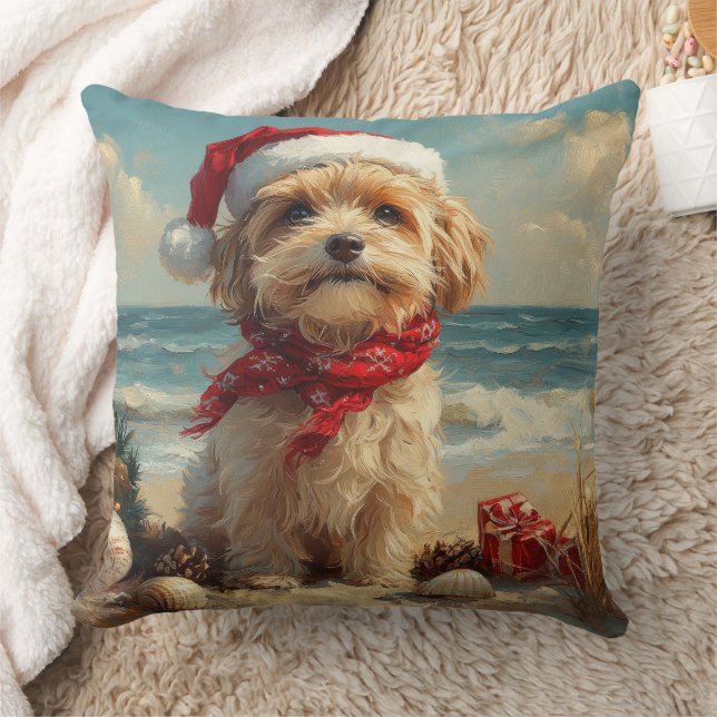 Coussin Tibétain Terrier Chien Noël Vintage Plage (Couverture)