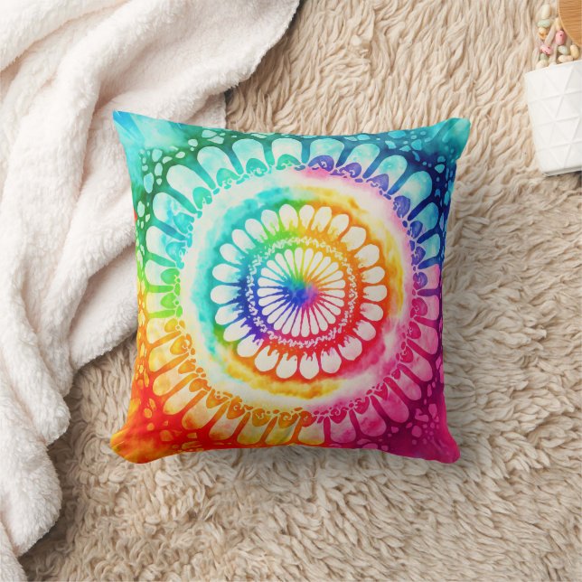 Coussin Tie Dye Arc-en-ciel Couleurs brillantes Rétro (Couverture)