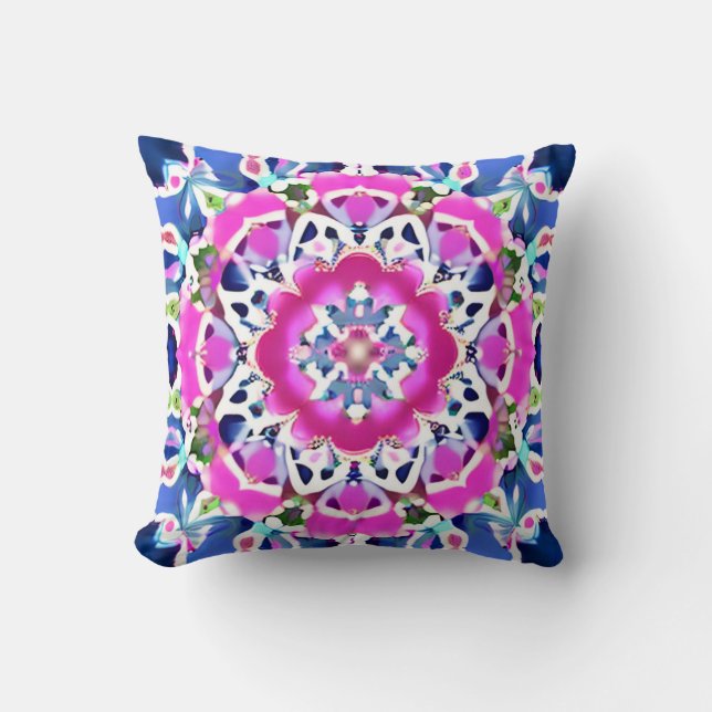 Coussin Tie Dye Mandala Motif Denim bleu et rose (Recto)