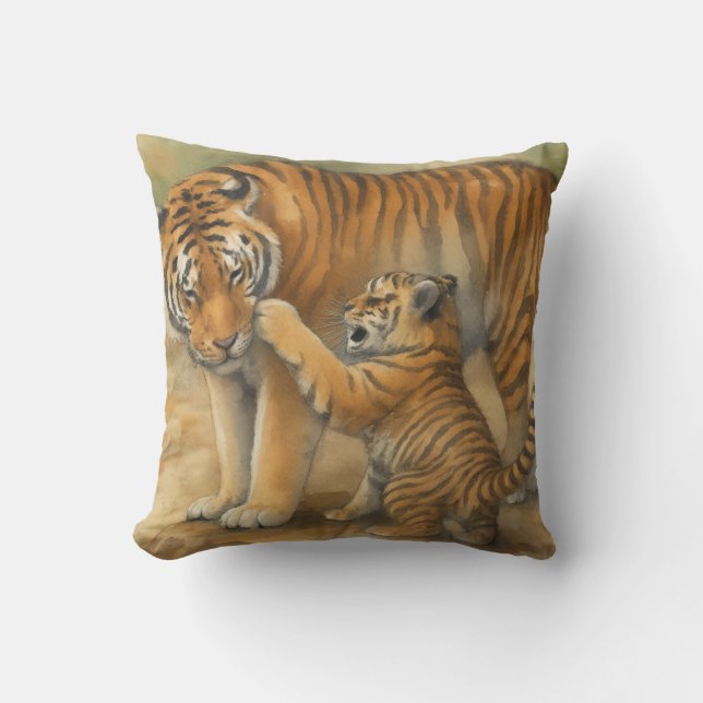 Coussin Tiger Tenderness - Parent et Cub en Forêt (Recto)