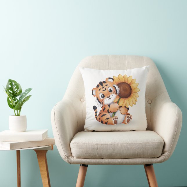 Coussin Tigre à l'aquarelle serrant un tournesol (Chaise)