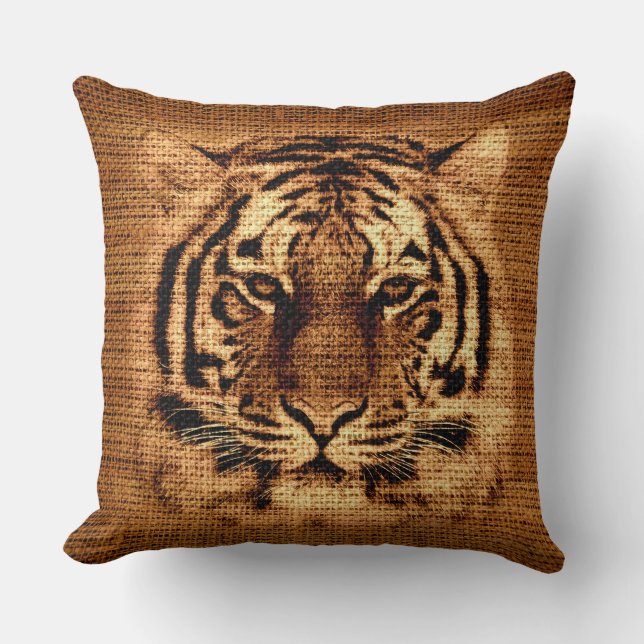 Coussin Tigre Beaux-arts sur toile de jute rustique (Recto)