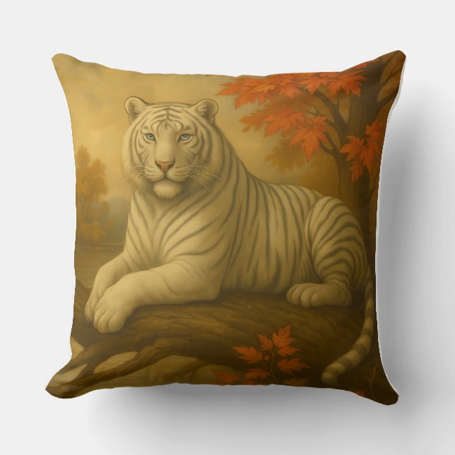 Coussin Tigre Blanc d'Automne – Toile d'Art Fin (Recto)
