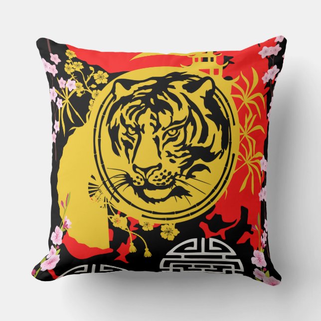 Coussin Tigre chinois traditionnel motif rouge (Recto)
