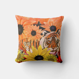 Coussin Tigre, Cub, Fleurs et couleurs orange