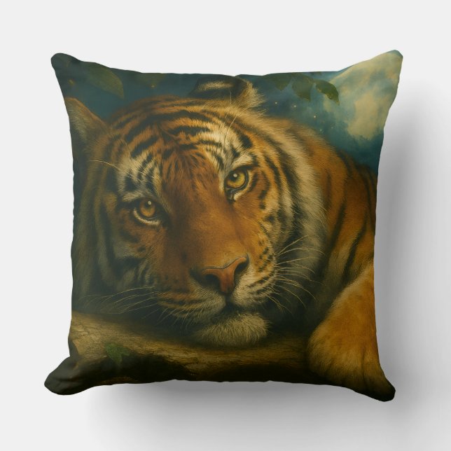 Coussin Tigre d'aquarelle reposant dans la forêt nocturne (Recto)