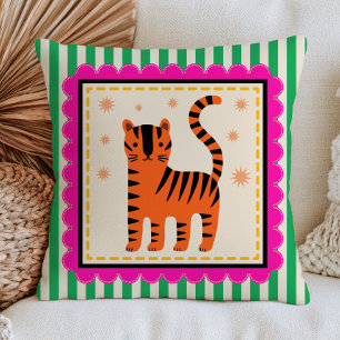 Coussin Tigre de dessin animé mignon sur des rayures verte
