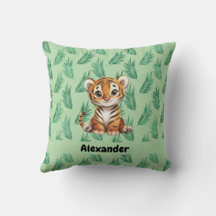 Coussin Tigre de dessin mignon sur Feuilles tropicaux
