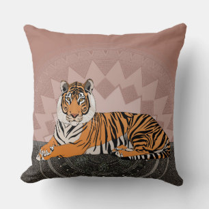 Coussin tigre du bengal mandala cuivre rose