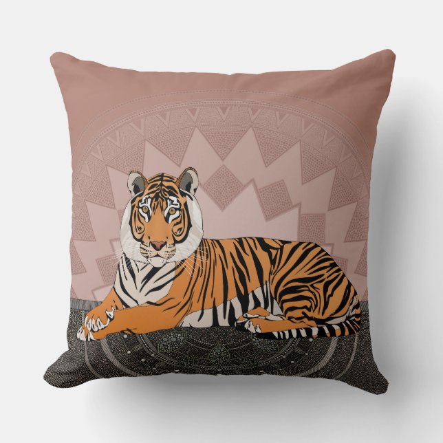 Coussin tigre du bengal mandala cuivre rose (Recto)