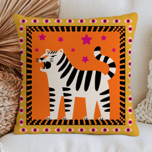 Coussin Tigre rugissant en noir et blanc sur Orange funky