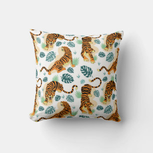 Coussin Tigres Feuilles tropicaux : Illustration Vintage.