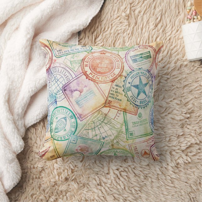 Coussin Timbre de passeport rustique motif voyage (3) (Couverture)