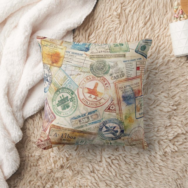 Coussin Timbre de passeport rustique motif voyage (6) (Couverture)