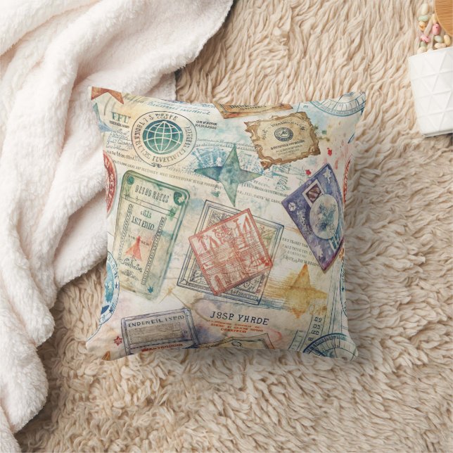 Coussin Timbre de passeport rustique motif voyage (7) (Couverture)