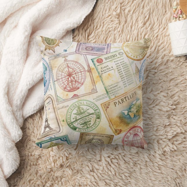 Coussin Timbre de passeport rustique motif voyage (8) (Couverture)