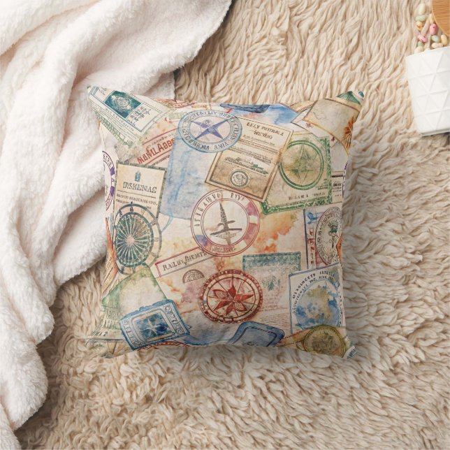Coussin Timbre de passeport rustique motif voyage (9) (Couverture)