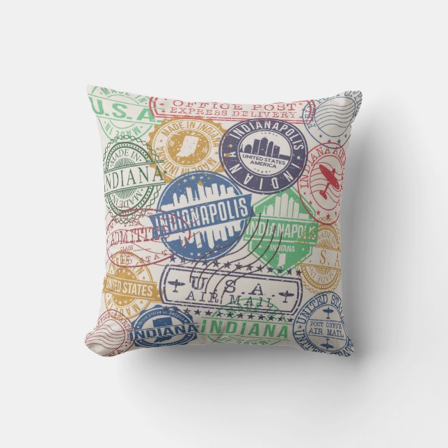 Coussin Timbres d'Indianapolis : Sceau de voyage. (Recto)