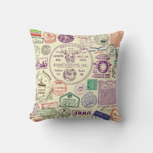 Coussin timbres vintages, ensemble de documents décoratifs