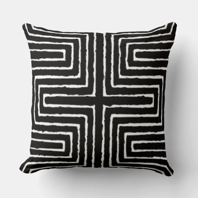 Coussin  Tissu de boue blanc et noir africain Maze Tribal (Recto)