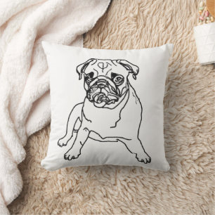Coussin Tissu de dessin de chien Carlin noir et blanc tend