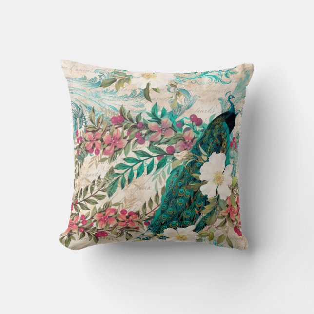 Coussin Tissu élégant paon sarcelle rose blanc floral (Recto)