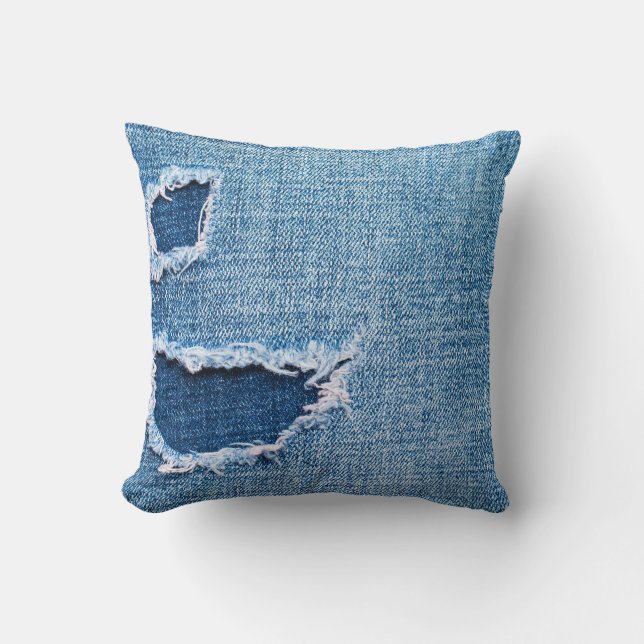 Coussin Tissu en denim déchiré, teintes bleues. (Recto)