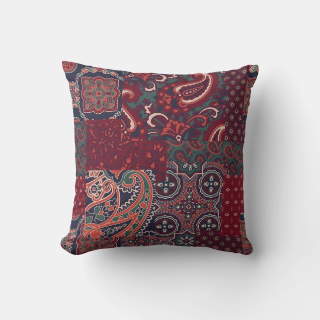 Coussin tissu en soie cashmere paisley patchwork abstrait  (Recto)