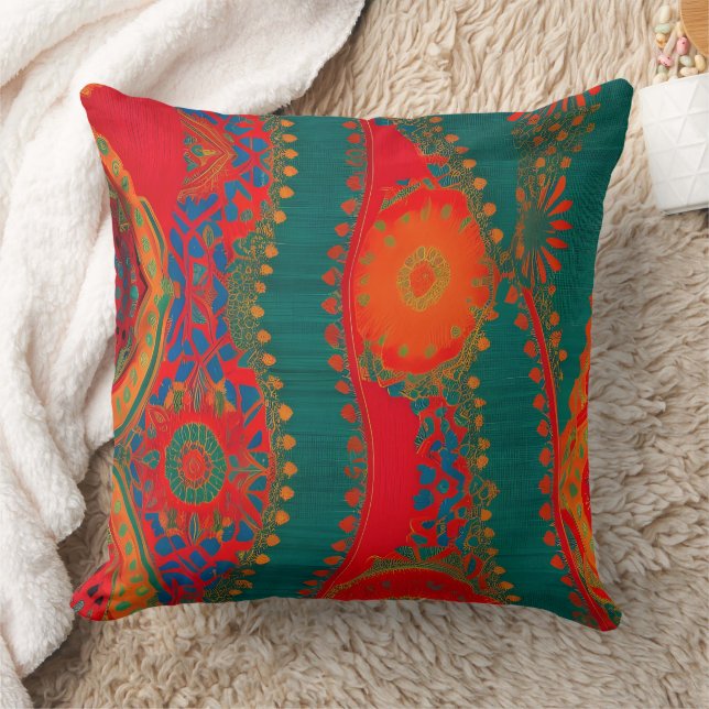 Coussin Tissu marocain exotique rouge orange bleu sarcelle (Couverture)