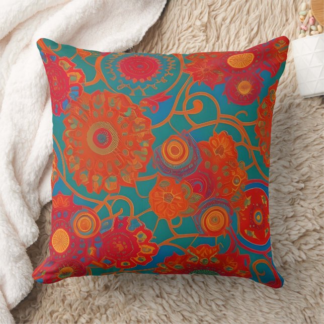 Coussin Tissu marocain exotique rouge orange bleu turquois (Couverture)
