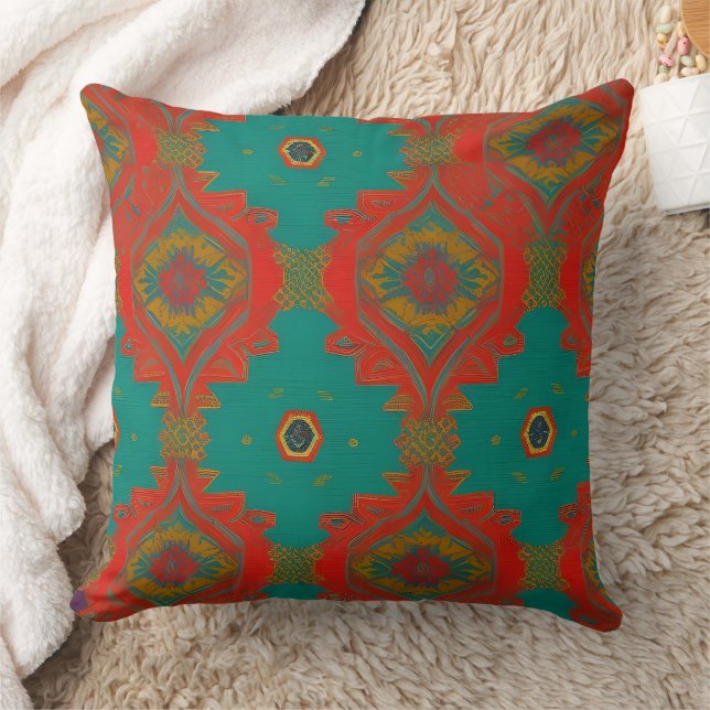 Coussin Tissu marocain exotique rouge orange sarcelle or (Couverture)