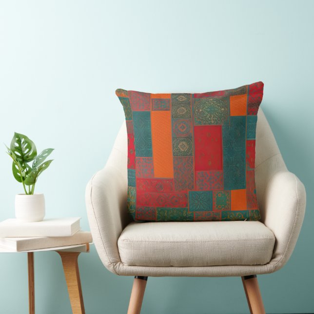 Coussin Tissu marocain exotique rouge orange sarcelle vert (Chaise)