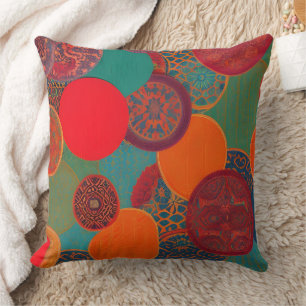 Coussin Tissu marocain exotique rouge orange sarcelle vert