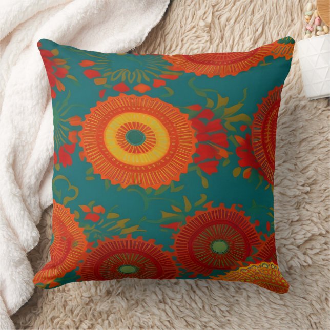 Coussin Tissu marocain exotique rouge orange sarcelle vert (Couverture)
