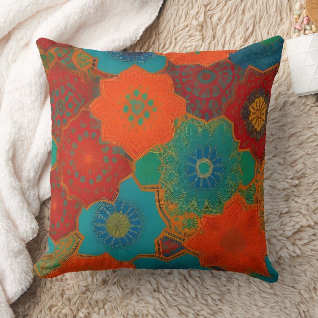 Coussin Tissu marocain exotique rouge orange sarcelle vert (Couverture)