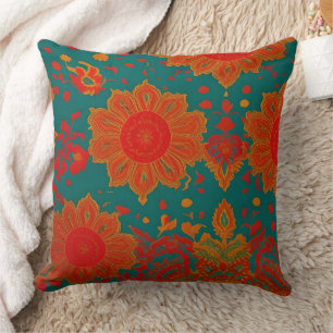 Coussin Tissu marocain orange exotique turquoise vert O