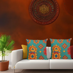 Coussin Tissu marocain rouge exotique orange turquoise ver