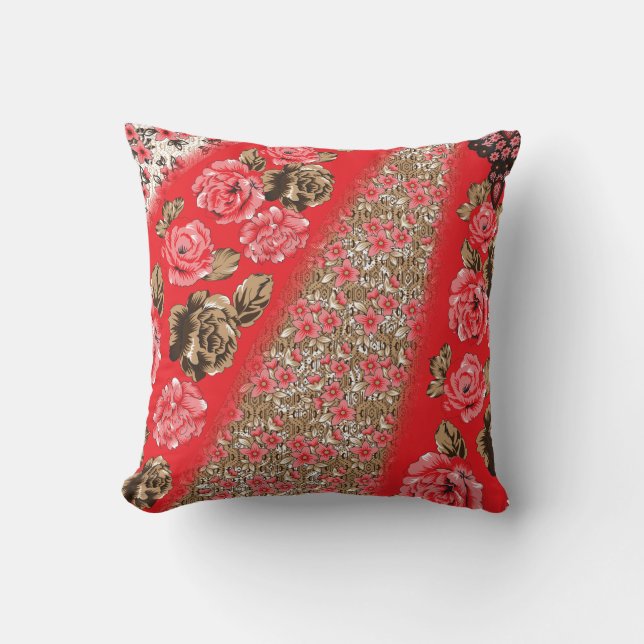 Coussin Tissu rouge éclatant avec floral complexe et (Recto)