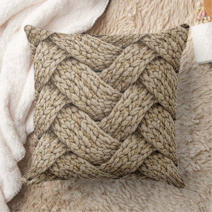 Coussin Tissu Tricoté Fil Tressé – Beige Chaud