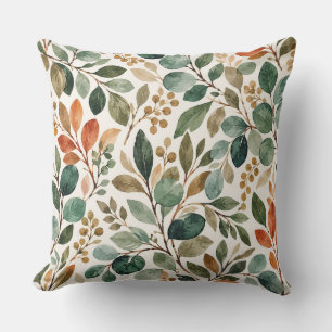 Coussin Titre : Botanique en aquarelle vert sauge et terre