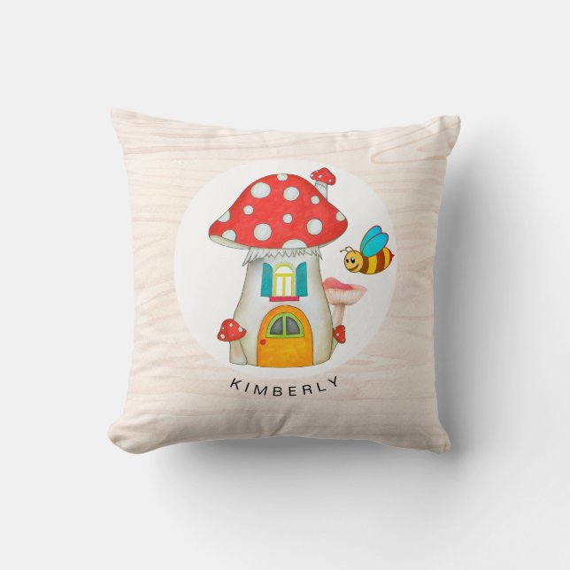 Coussin Toadstool Whimsical Gnome Texture en bois de cuve (Recto)
