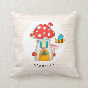 Coussin Toadstool Whimsical Gnome Texture en bois de cuve