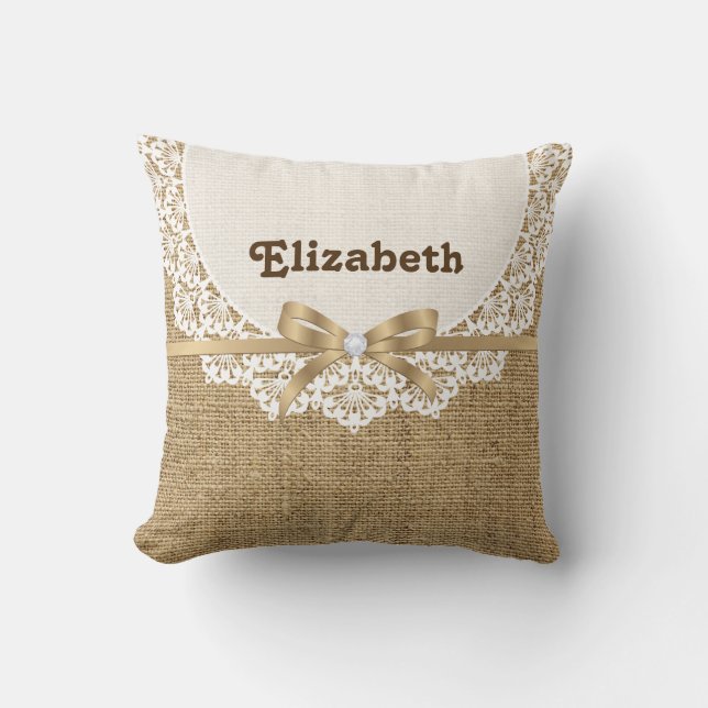 Coussin Toile blanche avec dentelle et lin naturel burlap (Recto)