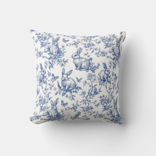 Coussin Toile Bleue De Jouy Bunny Pâques (Recto)