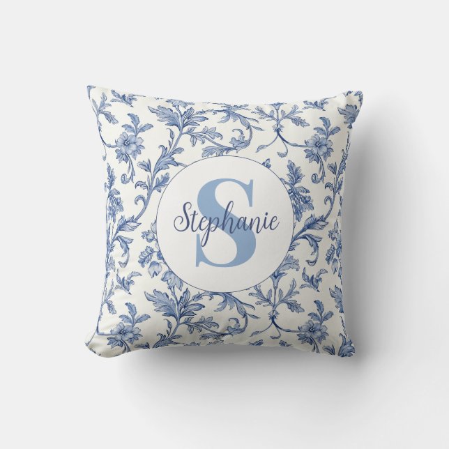 Coussin Toile Bleue Motif Floral Monogramme Nom (Recto)
