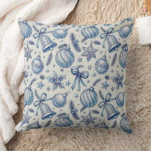 Coussin Toile Bleue Ornements de Noël sans couture