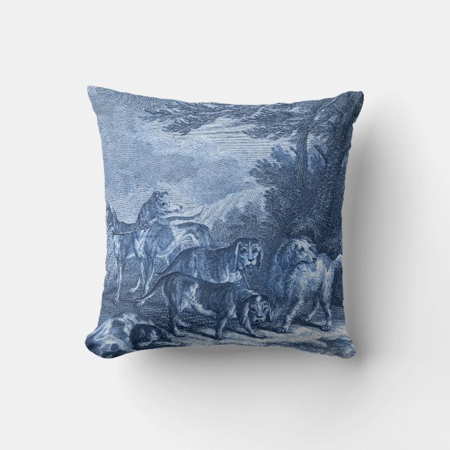 Coussin Toile Bleue vintage Whippets et autres chiens (Recto)