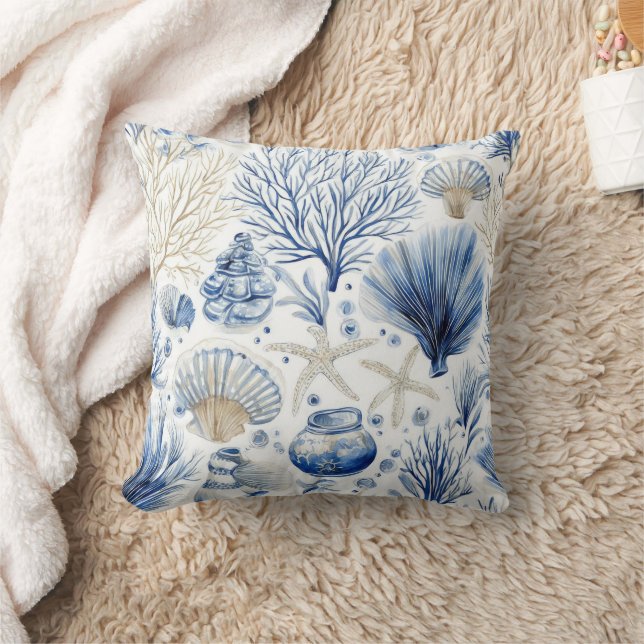Coussin Toile Côtière Bleue Motif Corail Coquillage (3) (Couverture)