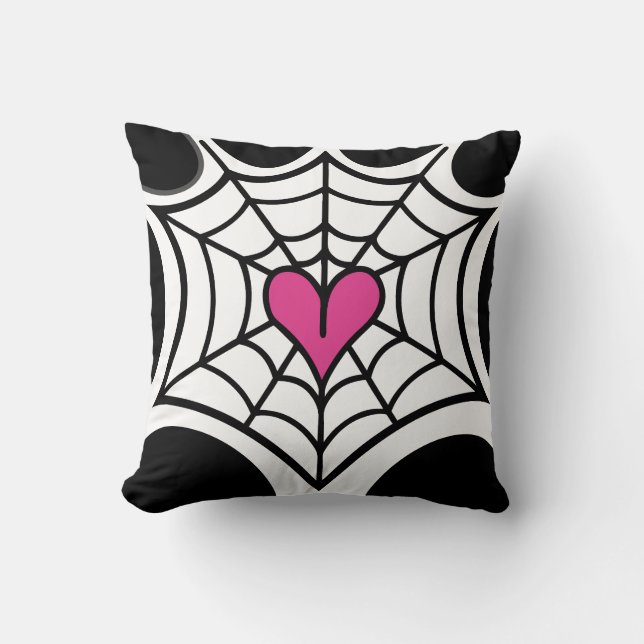Coussin Toile d'araignée de coeur rose noir et blanc Hallo (Recto)